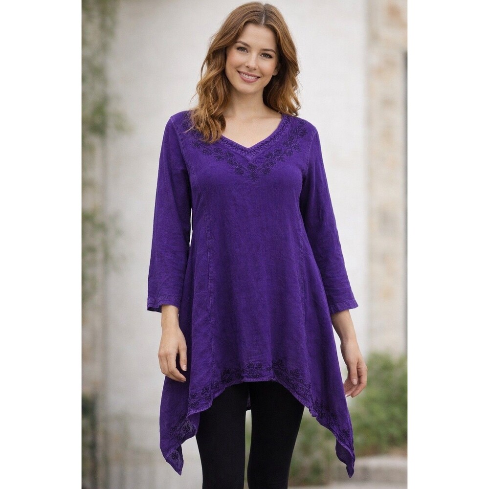 Holy Clothing Purple Embroidered Dress Women's Size Large Asymmetrical Hem Boho